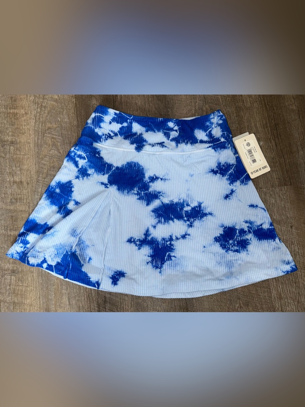 Year of Ours Blue & White Tie-Dye Ribbed Pull-On Active Skort,XS, NWT,MSRP: $147